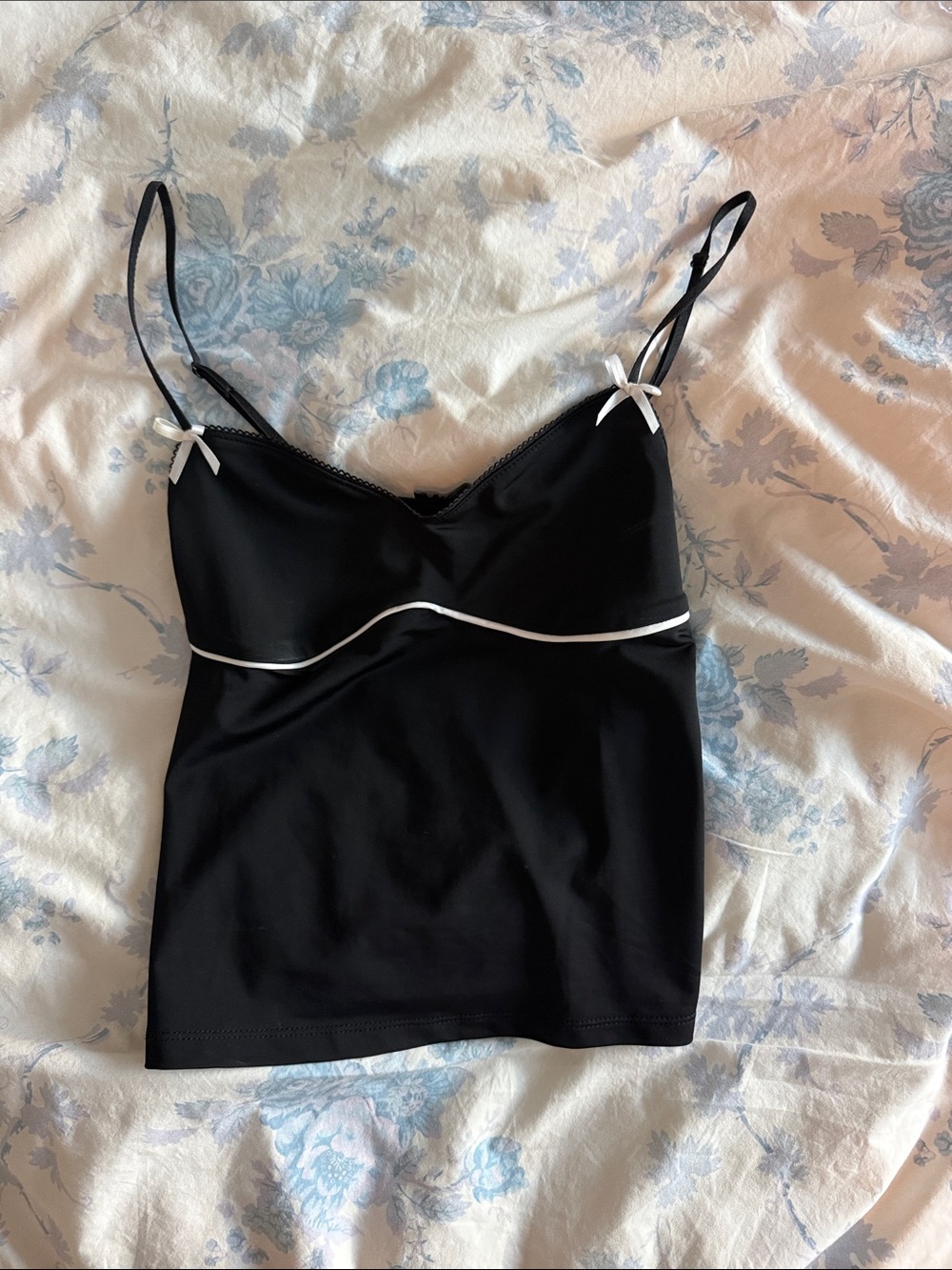 Zara Black Cami with White Trim and Bow Accents